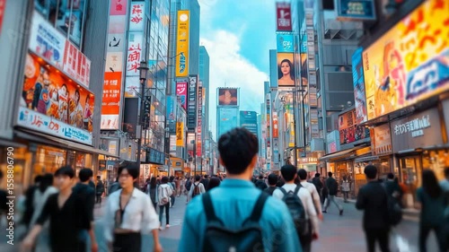A young man walks through the bustling streets, surrounded by towering skyscrapers and colorful billboards