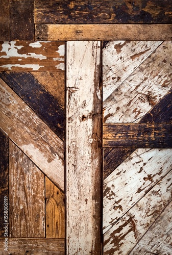 Wood background grunge texture highlighting the wooden grain. Natural rustic backdrop depicting a distressed surface comprising of slats of rough lumber, which is weathered, peeling, and rough.