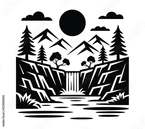 Mountain Landscape with Waterfall, A black and white outdoor adventure logo On White Background

