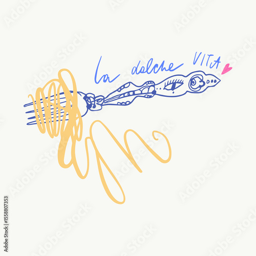 Mediterranean romantic food aesthetic cute hand drawn pasta spaghetti lettering print Italian elements, summer vacation positive vibe mood. La dolce vita doodle text inscription, perfect for cafe and