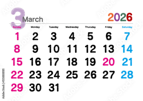 2026年3月の刺繍文字風カレンダー 日曜始まり 日本の祝日表記無し
