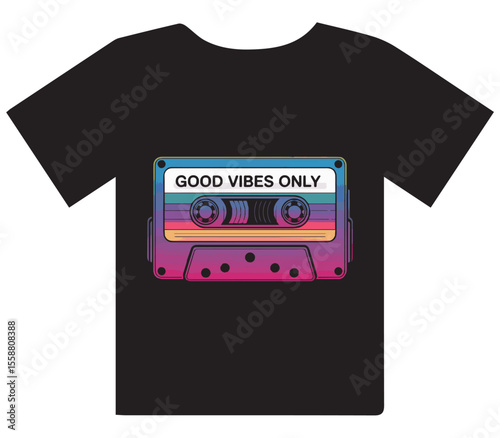 Retro Cassette Tape 'Good Vibes Only' T-Shirt Design" or "Vintage Audio Cassette and Stripes Graphic Tee