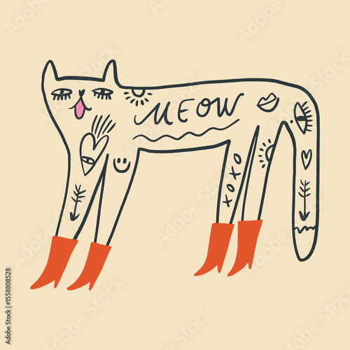 Vector clip-art fashion tattooed cat in red color boots sticker. EPS and JPG illustration. Funky kitten doodle trendy print, colorful hand drawn childish cartoon positive vibe art. Groovy kids girlish