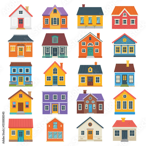 Set of urban and suburban houses and buildings in flat style

