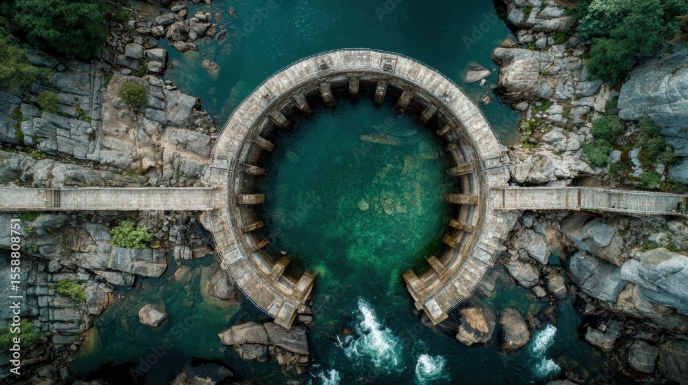 Obraz premium Picturesque Bridge Spanning Tranquil River with Cascading Waterfall Creating a Serene Natural Scene