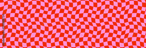 Retro wavy checker seamless pattern background in red and pink with distorted grid. Abstract checkerboard vector for groovy wallpaper, packaging, wrapping paper, funky print. Drag to swatches panel