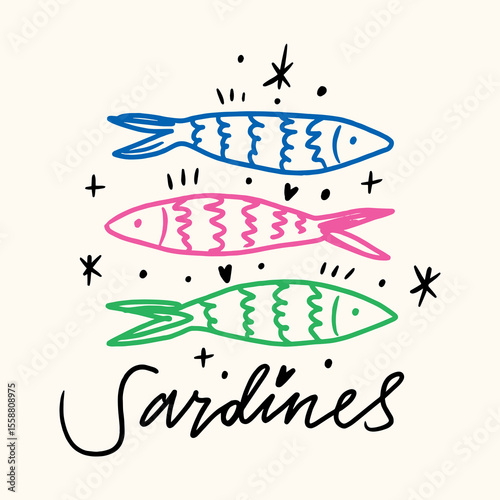 Whimsical Sardines Colorful Seafood Illustration Vector Clipart Positive Vibe For T Shirt Print, Poster, Sticker And Other Uses 