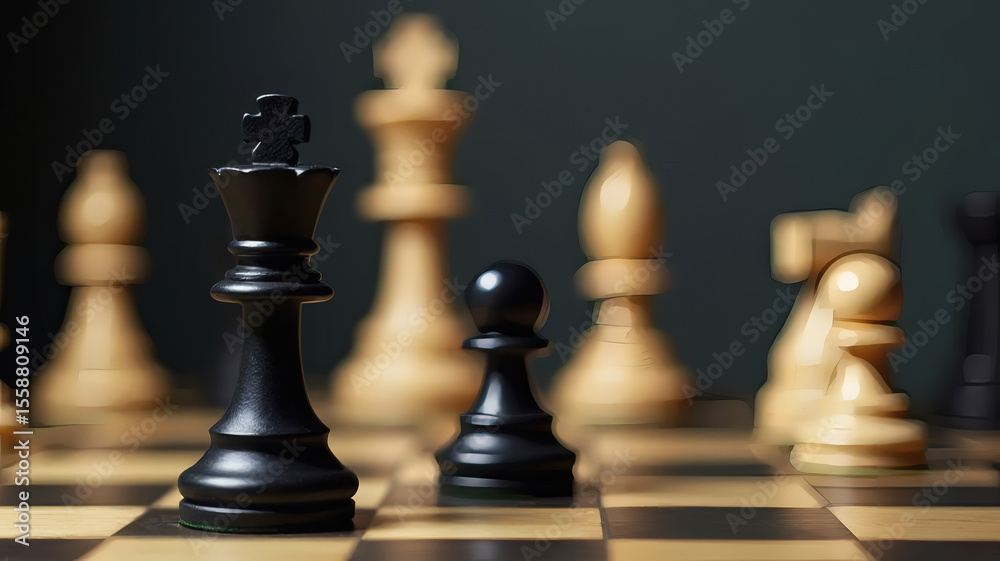 Black Chess King on Board with Pawns Strategy Game Black Chess King on Board with Pawns Strategy Game
