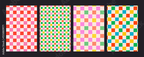 Colorful checker pattern backgrounds with red, pink, orange, green, blue, yel...