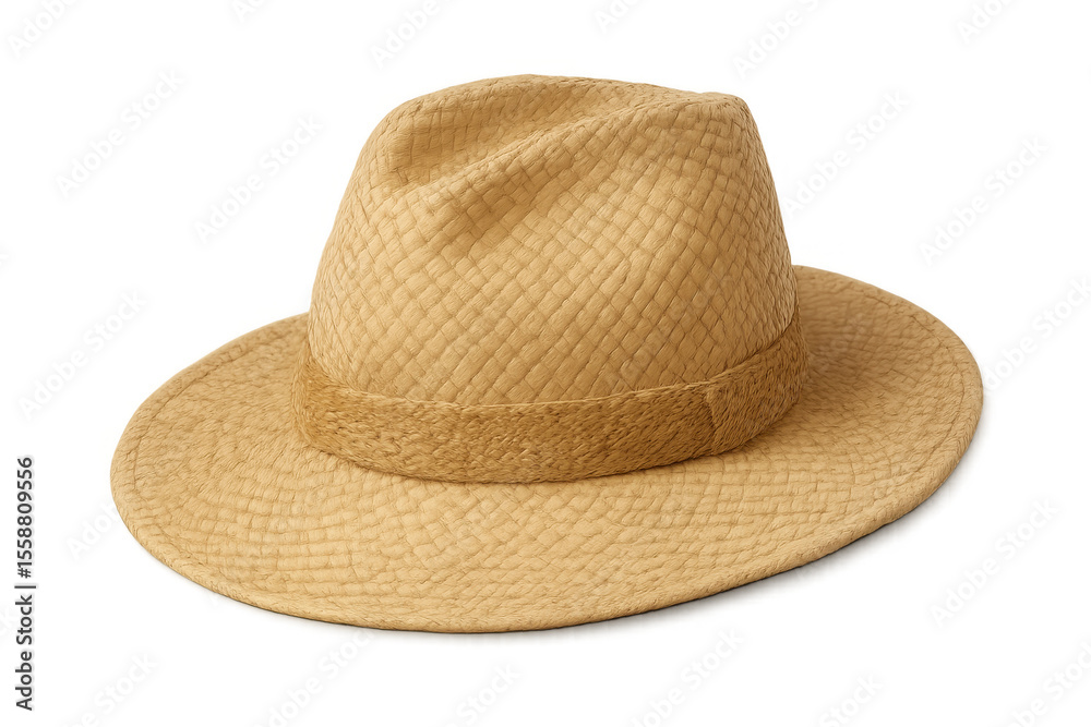 Woven summer straw hat featuring wide brim, decorative center band, resting against clean transparent backdrop Woven summer straw hat featuring wide brim, decorative center band, resting against clean transparent backdrop