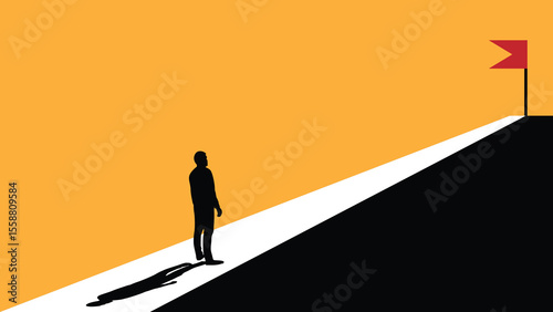 Business Man on the Way to the Winning Flag on Top of the Hill. People, motivation and achievements in competitive market vector art