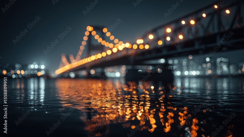 Obraz premium Illuminated Bridge at Night with Bright Reflections on Calm Water Creating a Tranquil Atmosphere
