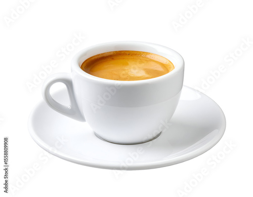 A perfect shot of rich espresso coffee with golden crema in a pristine white cup and saucer.