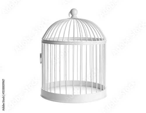An elegant white decorative birdcage stands gracefully, ready for display or symbolic use.