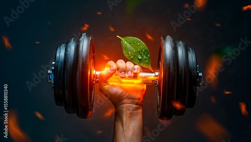 Hand holding glowing dumbbell with leaf fitness strength