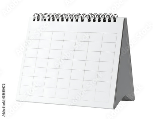 A pristine, blank spiral-bound desk calendar offers a clear grid for organized scheduling.