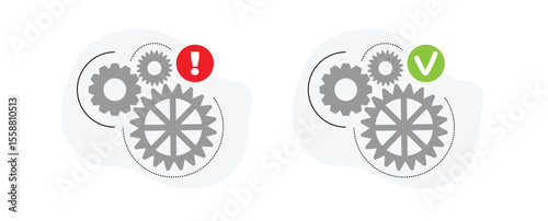 Gear Malfunction and Working Correctly Flat Style. Technology and industry design element vector art