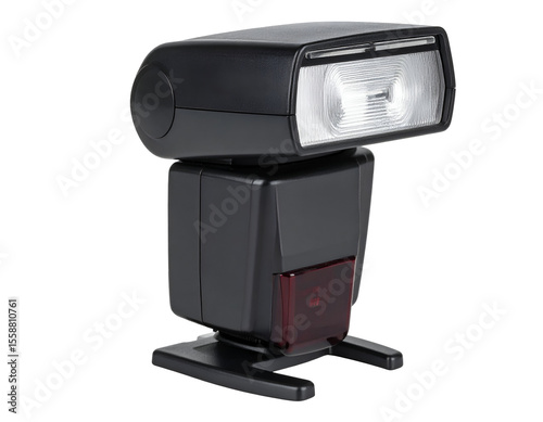 A powerful external speedlight flash unit for professional photography stands ready to illuminate any scene.
