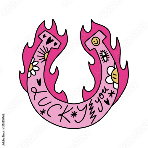 Cowgirl western art groovy boho hippie coquette aesthetic. Pink horseshoe with Lucky text lettering. Hand drawn line coloring art vector illustration clipart. Bohemian postmodern funky psychedelic