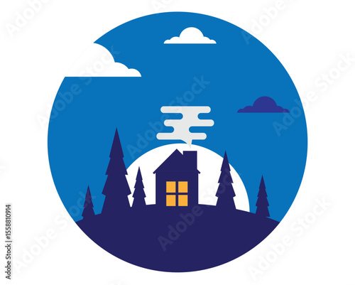 House at Night in the Forest Round Emblem. Architecture and rural lifestyle vector art