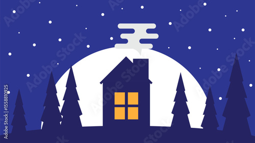 House in the Forest at Night Flat Style Illustration. Architecture and rural lifestyle vector art