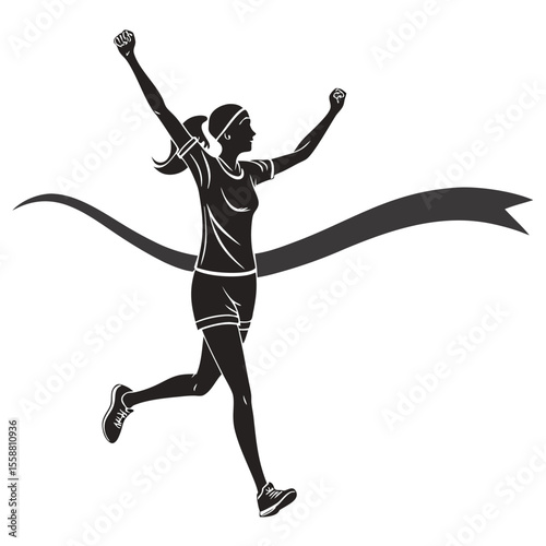 Triumphant Runner: Silhouette of a Winning Female Athlete Crossing the Finish Line