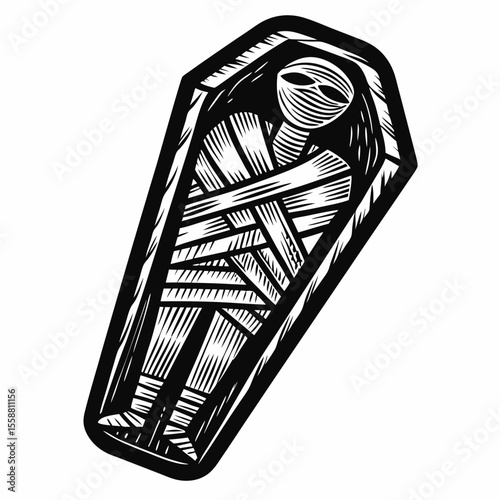 Mummy wrapped in bandages inside a wooden coffin for Halloween  