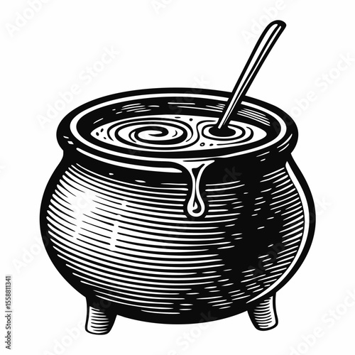 Black cauldron with swirling liquid and spoon on white background, concept of halloween  