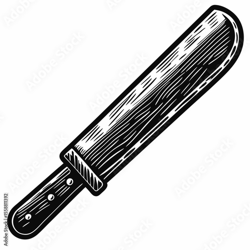 Wooden machete with a curved blade and handle design  