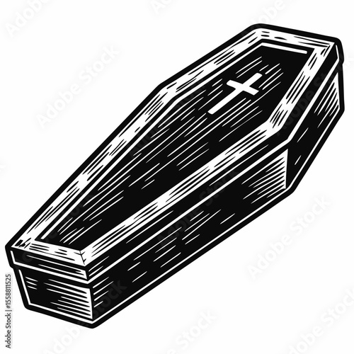 Wooden coffin with cross in vintage engraving style for halloween  