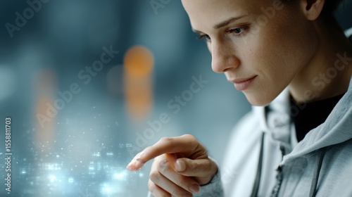 5G for disaster response, A focused woman interacts with a futuristic digital interface, highlighting modern technology and innovation.