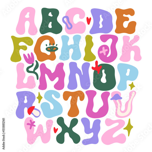 Groovy liquid positive vibe aesthetic hand-drawn bright color alphabet font with flowers and mushrooms in hippie bohemian groovy postmodern funky 1960s boho mushroomcore trendy psychedelic style
