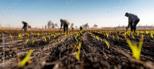 The diligent workers planting rice seedlings in the scorched earth of a field.