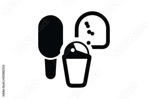 Stylish Black and White Icon Set: Ice Cream Scoop, Popsicle, and Sundae Cup – Minimalist Design, Perfect for Summer Food Blogs, Restaurants, and Dessert Menus, Representing Refreshing Treats and Sweet