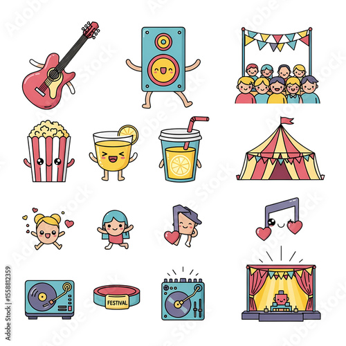 Colorful Kawaii Music Festival Icons: Illustration