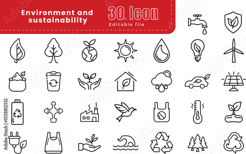 Environment and sustainability line icon. vector set of linear icons. Pixel perfect. Editable stroke. The set includes a Plant, Leaf, Green Energy, Care, Ecosystem, Planet Earth, Recycling Symbol,