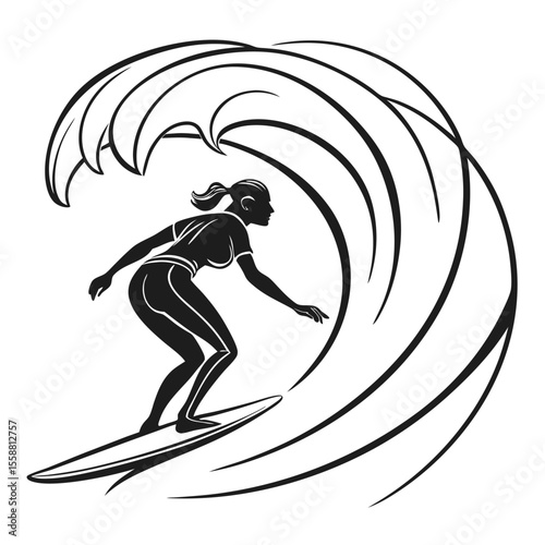 Female Surfer Silhouette: Ocean Wave Art, Surfing Graphics,  Surfboard Design