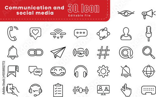 Communication and social media icons set collection. thin line vector icon set. Pixel perfect. Communication, Application Form, Contact Us, Blogging, E-Mail, Telephone, Community