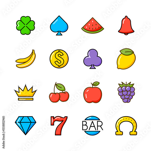 Colorful slot casino machine icons. Slot machine casino symbols fruits, numbers, lucky charms apple grape lemon seven win sign
