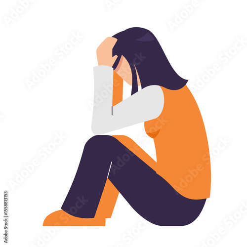 anxious woman holding head looks anxious and scared. side view, mental pressure concept