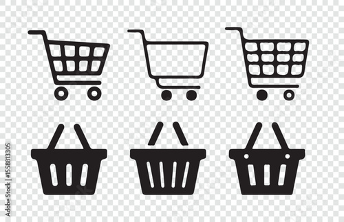 Flat Black Shopping Trolley and Basket Icons on Transparent Background