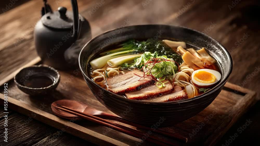 A flavorful bowl of ramen features tender pork belly and a perfect boiled egg.