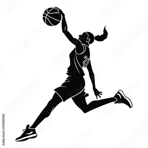 Powerful Female Basketball Player Silhouette: Action Shot Graphic for Teams, Apparel, and Websites