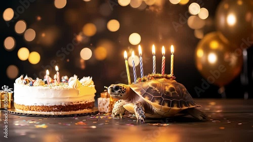 Turtle with Birthday Candles on Shell Crawling Across Festive Table with Confetti and Gifts