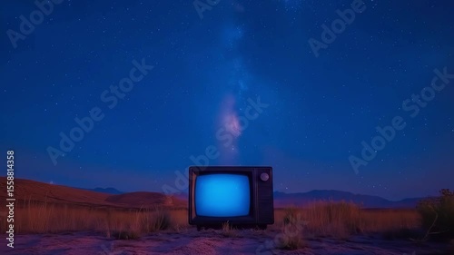 Old Television in Desert Under Starry Night Sky – Surreal Concept Scene