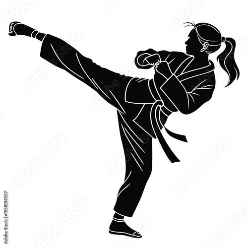Powerful Female Martial Artist: Silhouette of a Karate Kick