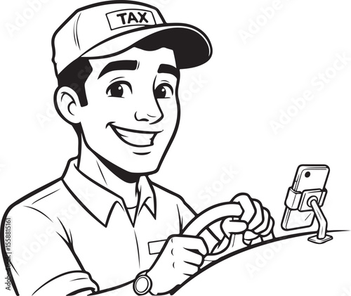 Rideshare Driver Cartoon Character Logo – Black and White Sketch