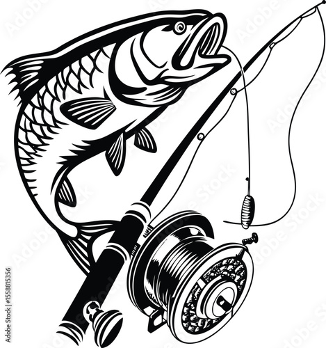 Black and white illustration of a largemouth bass leaping while being caught on a fishing rod