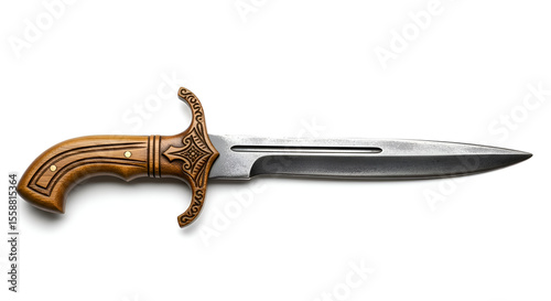 A centered pirate dagger replica with light wooden handle, displayed flat on white backdrop