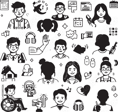 Diverse group of people icons with various accessories and symbols on a light background illustration